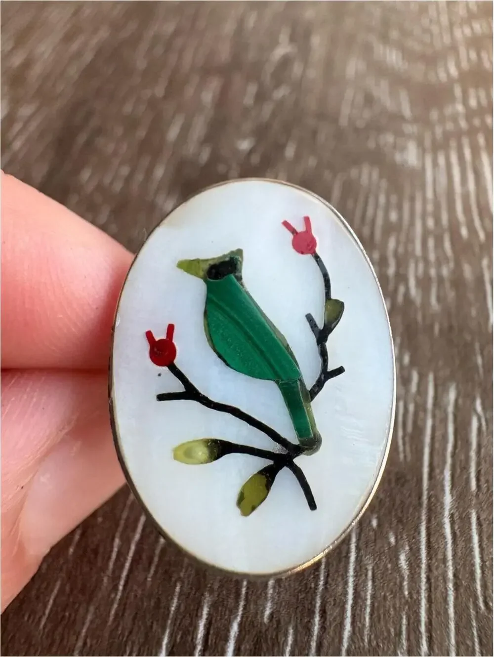 Vintage Inlay Bird and Flower Design Ring - Size 5 - Picture 3 of 5